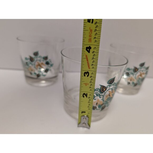 Set Of 3 Vintage MCM Turquoise Gold Floral Patterned Clear Glasses - Picture 5 of 5